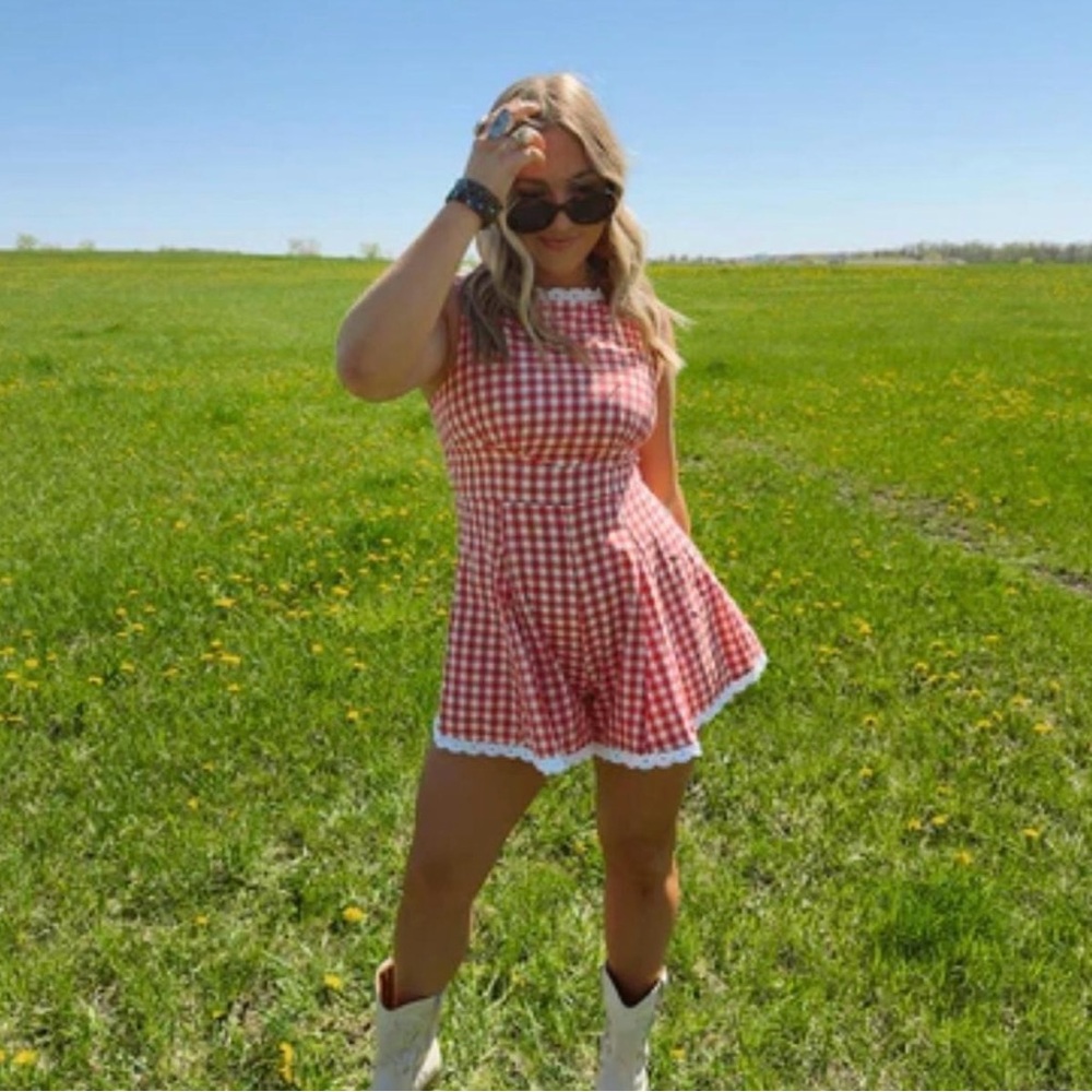 Red and White Gingham Mini Dress romper